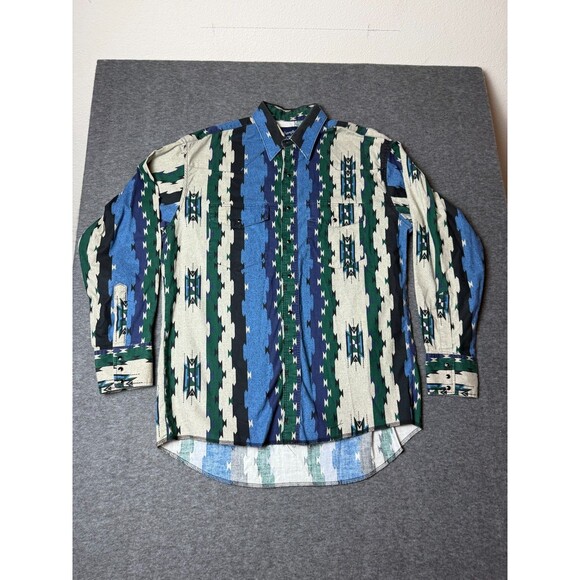 Vtg Wrangler Denim Shirt Western Pearl Snap Rodeo Aztec Distressed Mens Large - Picture 1 of 8